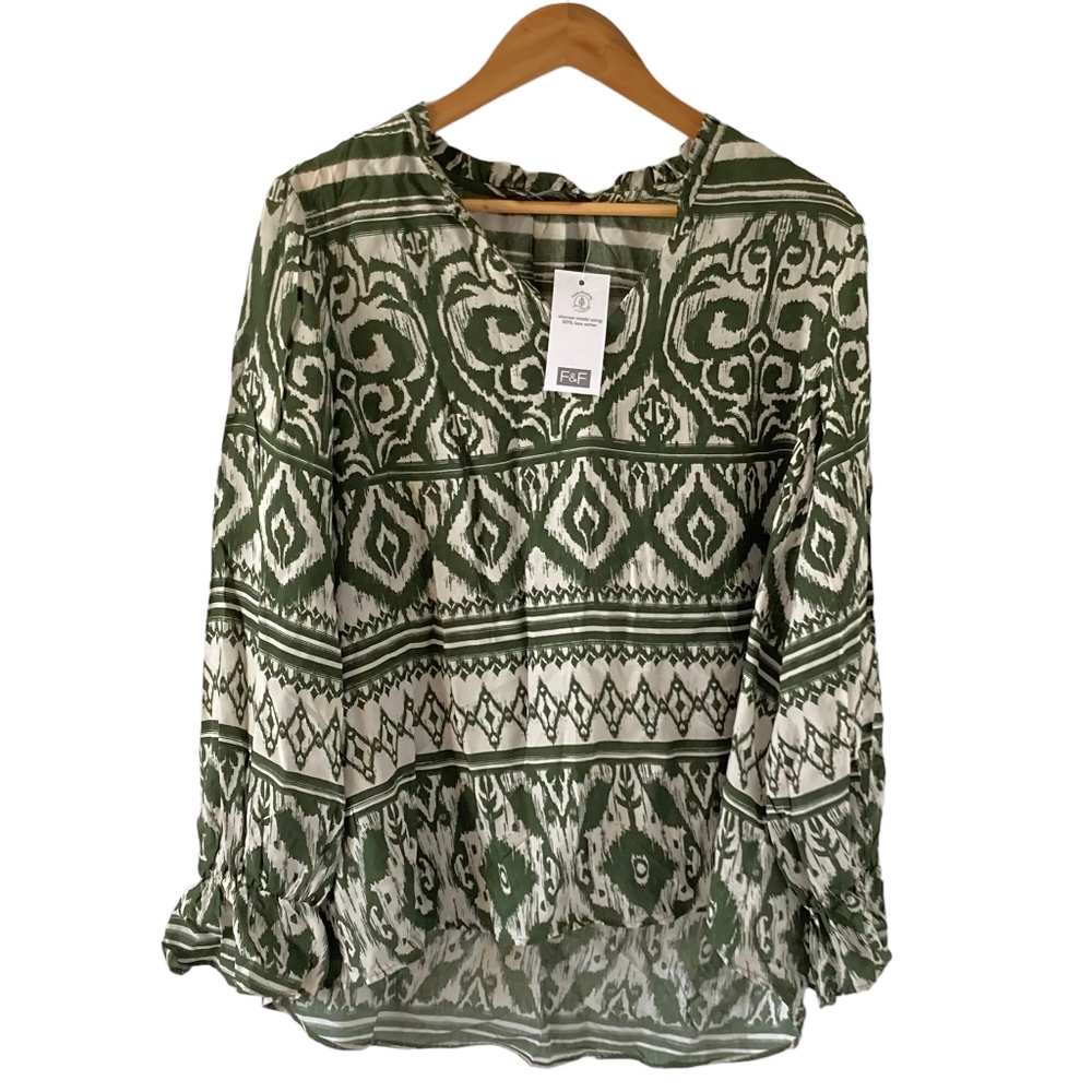 BNWT F&F Olive Green Aztec Pattern Lightweight Grandad Collared Blouse Size 14 - Picture 1 of 13